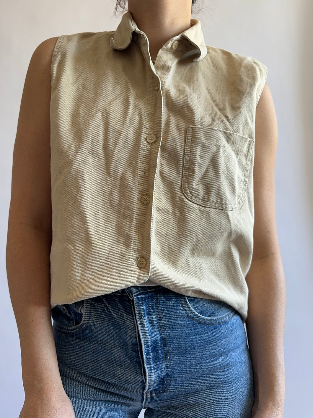 Vintage Sleeveless Neutral Button Down Shirt