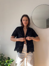 Load image into Gallery viewer, Black Short Sleeve Eyelet Button-Down Shirt
