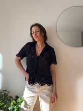 Load image into Gallery viewer, Black Short Sleeve Eyelet Button-Down Shirt
