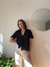 Load image into Gallery viewer, Black Short Sleeve Eyelet Button-Down Shirt
