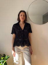 Load image into Gallery viewer, Black Short Sleeve Eyelet Button-Down Shirt
